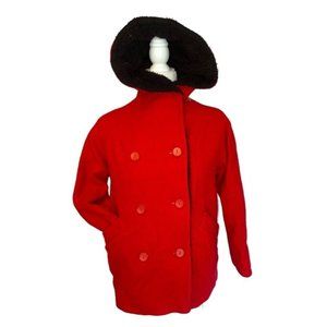 Vintage 50s/60s Red Hooded Peacoat Fleece Lined Wool Double Breasted Size Medium